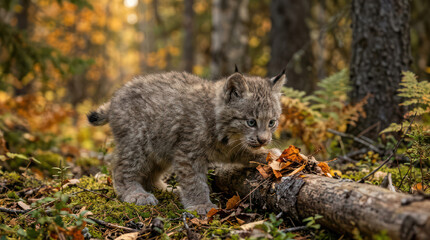 Obraz premium Young Lynx Kitten Exploring Forest Floor in Autumn.
