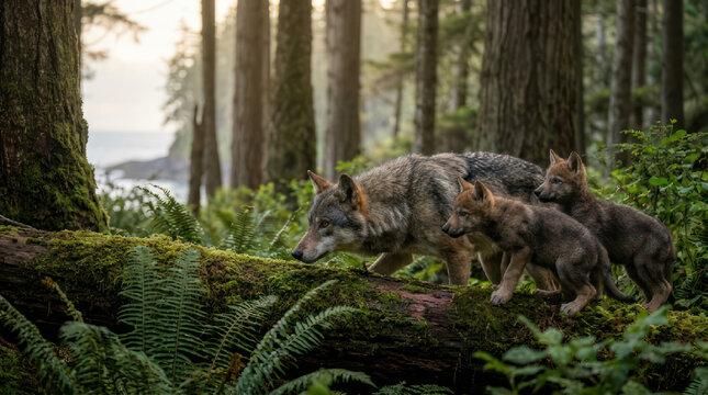 Wolf pack walking through lush green forest near ocean.