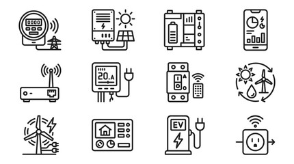 Smart Home Energy Icons: Solar, Wind, EV Charging, Meter, Router, Battery © Brian