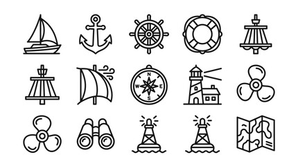 Nautical Icons: Sailboat, Anchor, Wheel, Lighthouse, Compass, Buoy, Map, Binoculars, Propeller © dinny