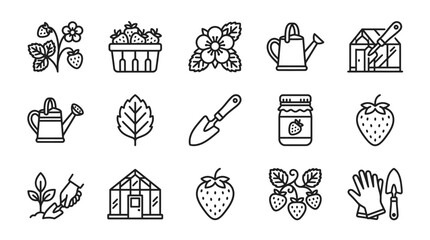 Strawberry Garden Icons: Fruit, Plants, Tools, Greenhouse, Jam, Watering Can, Gloves © Brian