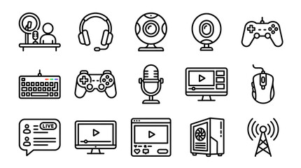 Gaming and Streaming Equipment Icons: Webcam, Microphone, Controller, PC, Headset, Mouse © Brian