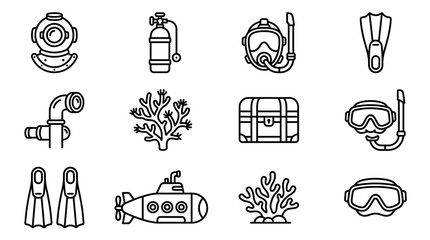 Underwater Adventure Icons: Scuba Gear, Submarine, Treasure Chest, Coral, Flippers © Brian