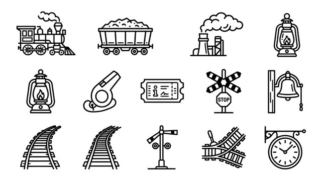 Vintage Train Icons Set: Locomotive, Coal Car, Station, Rails, Signal, Bell, Clock