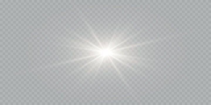 Abstract glow star, white shine light, starburst beam sunshine glowing isolated image. Soft glow without departing rays, sunlight with lens flare effect. Realistic silver sun ray. Vector illustration.