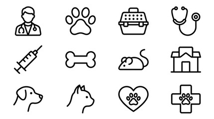 Veterinary Icons Set: Doctor, Paw, Stethoscope, Syringe, Animals, Clinic, Pet Care © Brian