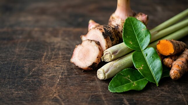 Fresh thai herbs including galangal lemongrass lime leaves and turmeric