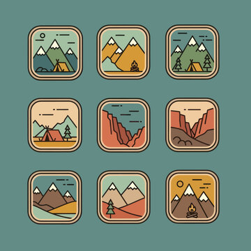 Vintage Camping & Mountain Landscape Icons Set
