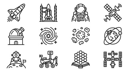 Space Exploration Icons: Rocket, Astronaut, Satellite, Rover, Observatory, Galaxy © dinny