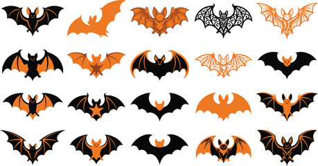 Fototapeta premium Set of halloween bat and cat icons with pumpkin orange and black colors for holiday seasonal decoration