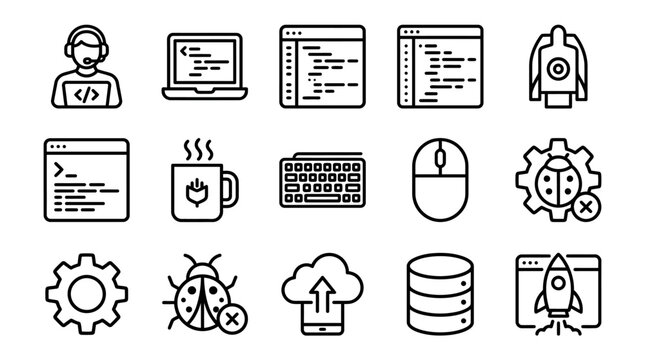 Software Development Icons Set: Coding, Debugging, Deployment, Cloud, Database, Support