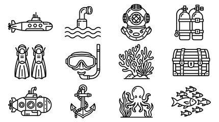 Underwater Adventure Icons: Submarine, Scuba Gear, Treasure Chest, Marine Life © dinny