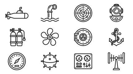 Nautical Icons Set: Submarine, Radar, Diver Helmet, Anchor, Propeller, Compass © dinny