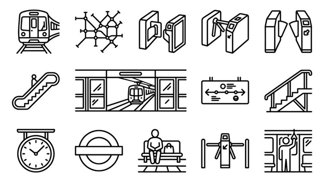 Subway Icons Set: Train, Station, Turnstile, Escalator, Map, Clock, Stairs