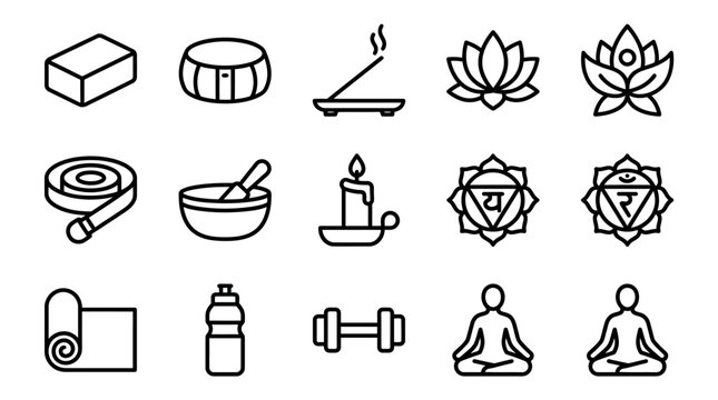 Yoga and Meditation Icons: Lotus, Candle, Dumbbell, Mat, Chakras, Incense, Water Bottle