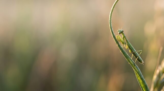 Praying mantis perched on a curved green stem in golden light