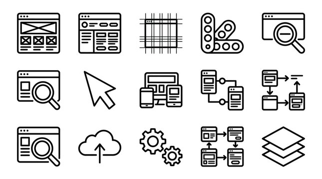 Web Design Icons: Wireframe, Layout, UI Elements, UX Flow, Responsive Devices