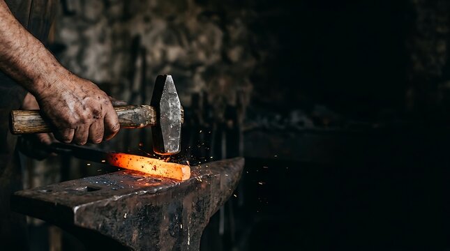 Blacksmith striking glowing hot metal on an anvil in a dark forge