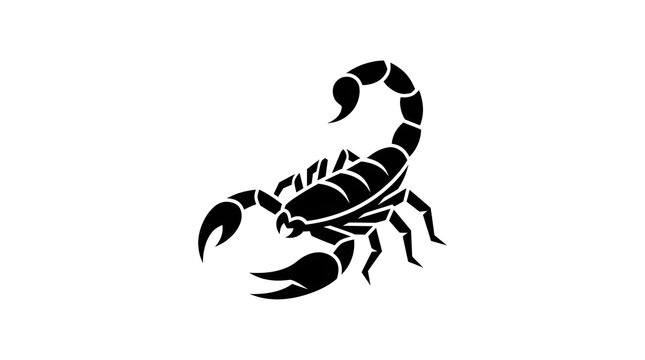 Stylized black scorpion vector graphic illustration, prominent pincers, raised tail form, isolated white, impactful branding identity asset.