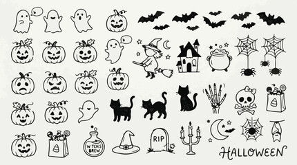 Obraz premium Cute Hand Drawn Halloween Vector Clipart Set - Playful Ghosts, Jack O Lanterns, Black Cats, Flying Witch, and Spooky Doodle Elements