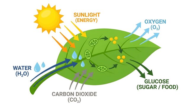 Clear scientific diagram: plant leaf photosynthesis, sunlight, water, carbon dioxide input, oxygen, glucose output, biology education asset.