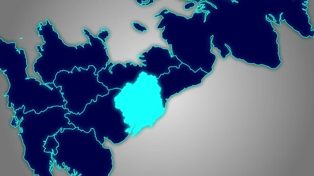 Animated glowing map of Yorkshire and the Humber, UK, with a highlighted outline on a gray gradient background, ideal for geography, travel, and news.