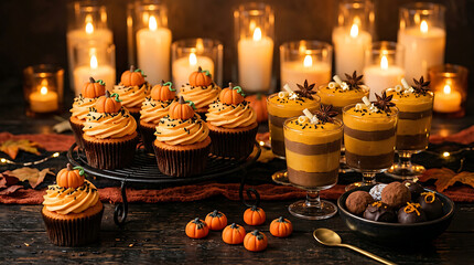 Fototapeta premium Festive halloween cupcakes and candles on a dark table