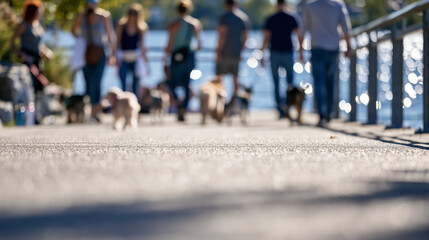 Obraz premium Low Angle Blurred Waterfront Promenade with Adults Walking Dogs in Bright Summer Light for Pet Lifestyle Marketing
