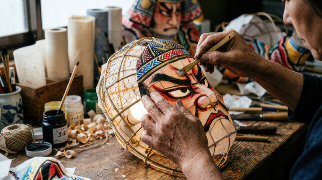 Artisan meticulously crafting a traditional Japanese mask.