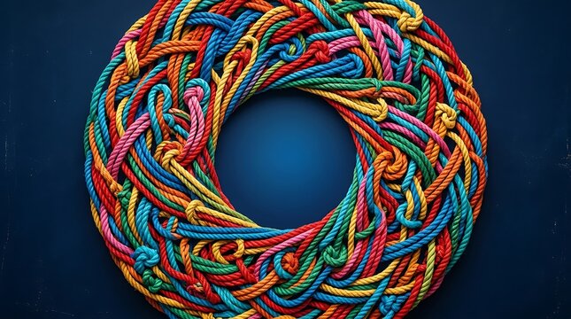 Colorful rope wreath arranged in a circle on a dark blue background