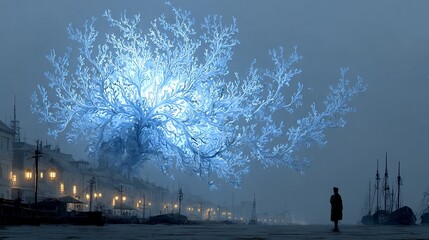 Fototapeta premium Mystical Glowing Tree in a Foggy Harbor Landscape with a solitary figure gazing