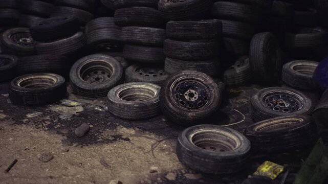 Grimy tire pile against concrete backdrop, worn sidewalls, mud stains, scattered pebbles and lowcontrast industrial mood with subtle light.