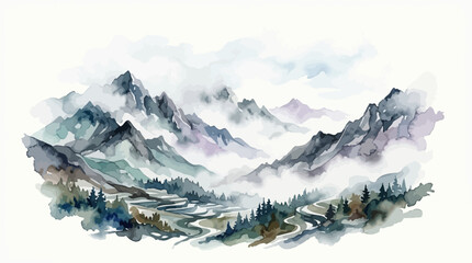 Obraz premium Misty Mountain Landscape Watercolor Painting