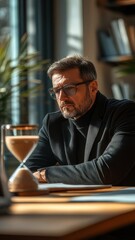 Obraz premium Businessman in an office sitting at a desk with an hourglass and looking thoughtful during the afternoon sun