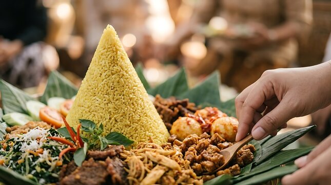 Traditional indonesian tumpeng rice cone served on banana leaf