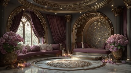 Obraz premium Ornate and Luxurious Interior with Plush Seating and Elegant Floral Arrangements