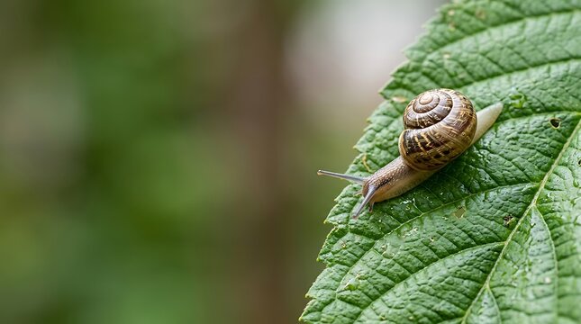 Small snail crawling slowly on a vibrant green leaf in nature