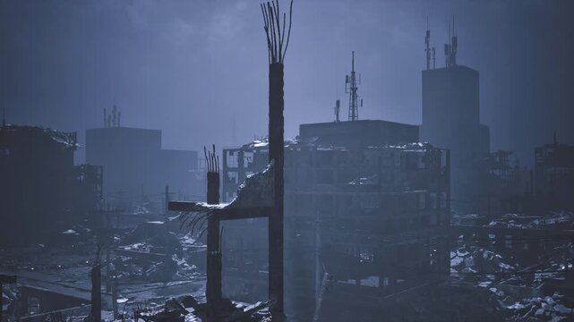 Bluehour ruined cityscape with skeletal towers and distant highrises, cold light and silent streets suggest nighttime drone mapping and eerie postdisaster calm.