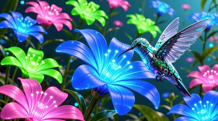 Fototapeta premium Mechanical hummingbird hovers above bright glowing blue flower in digital garden. Cybernetic bird feeds on neon petals in futuristic landscape. Sci fi creature with metal wings pollination of