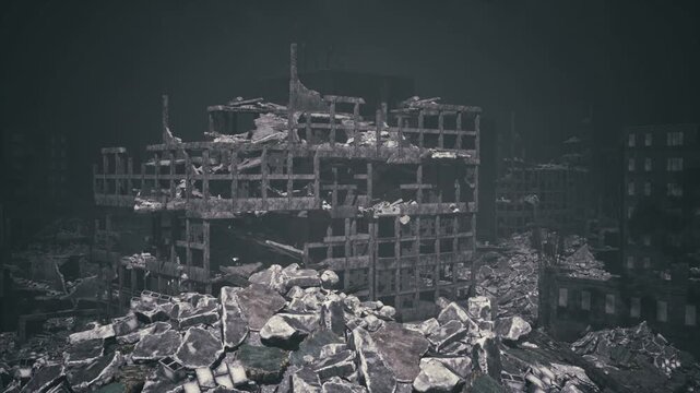 Morning light on collapsed structural skeleton, pale glow on scattered concrete piles, crews plotting salvage routes, quiet industrial mood with focus