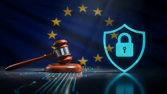 Gavel with digital shield and padlock. EU data privacy law and cyber security concept.