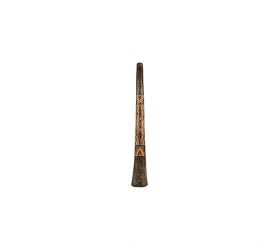 Traditional Australian Aboriginal wooden didgeridoo instrument with colorful painted patterns isolated on transparent background