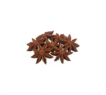 A small pile of dried star anise spices used for cooking and aromatherapy in the kitchen isolated on transparent background