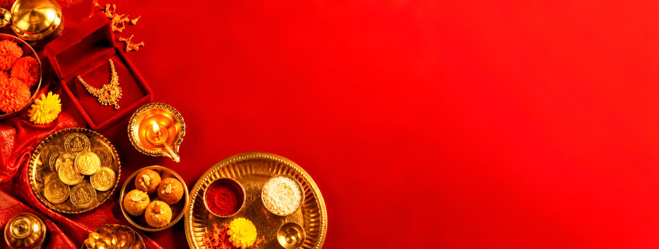 Festive Dhanteras  Composition on Red Fabric Surface