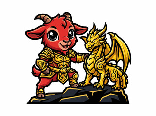 Obraz premium Red goat in golden armor with a dragon statue. Chinese New Year 2027 zodiac mascot. Vector illustration