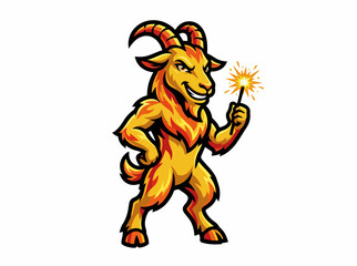 Obraz premium Golden goat mascot with fiery fur holding sparkler. Chinese New Year 2027 celebration concept. Vector illustration isolated on white