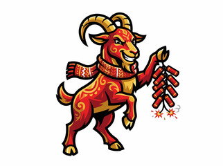 Fototapeta premium Red goat in winter scarf holding lit firecrackers. Festive lunar new year vector illustration