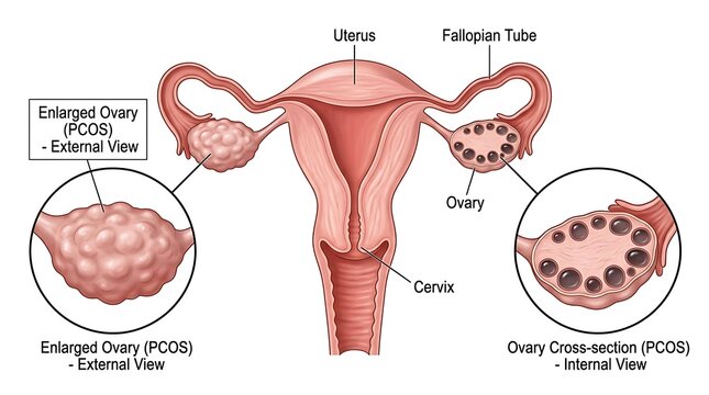 Medical illustration of polycystic ovary syndrome pcos showing enlarged ovaries and multiple cysts