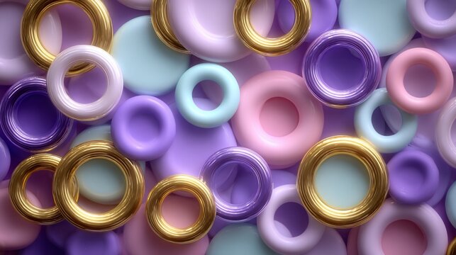 Pastel dreams 3D render rings and disks pastel colors with golden accents abstract background