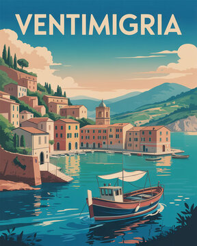 Vintage Travel Poster Illustration of Ventimiglia Coastal Town and Harbor in Italy